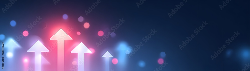 Aufkleber glowing arrows pointing upward against a blue background with colorful bokeh lights, symbolizing gro