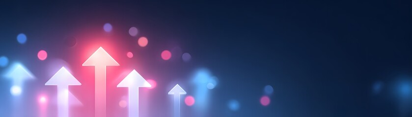 Glowing arrows pointing upward against a blue background with colorful bokeh lights, symbolizing growth and progress.