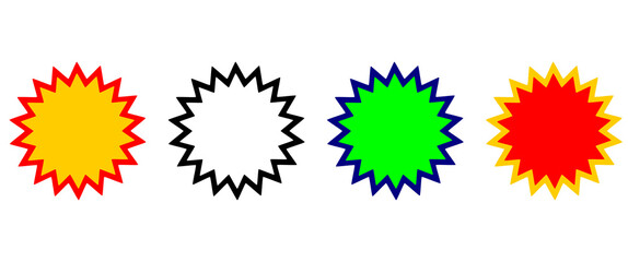 Set of colorful spiky badge icons in red, green, yellow, and black for sale tags