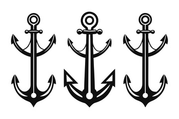 Three black nautical anchors on a white background
