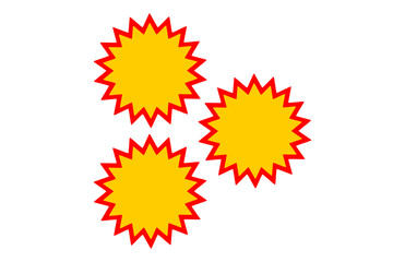 Triple yellow starburst promo icons with bold red outline for sale and stickers