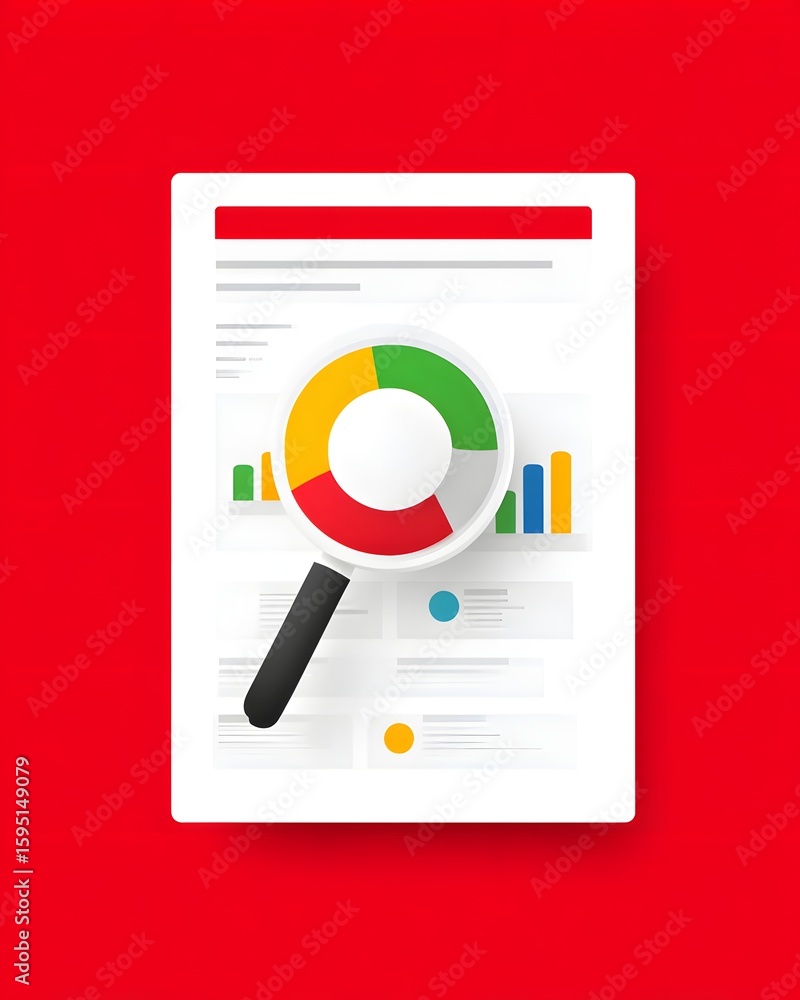 Poster a magnifying glass highlights a colorful pie chart on a report sheet against a red background, symbo