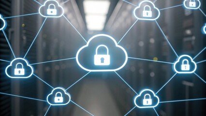 A digital network of interconnected cloud icons with padlocks symbolizes secure cloud computing and data protection in a server room.