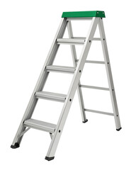 A silver aluminum step ladder with a bright green top stands upright, an essential tool isolated on a transparent background PNG.