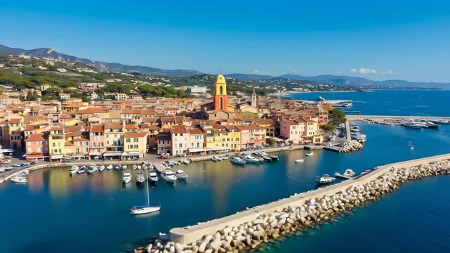Saint-Tropez aerial view showcases vibrant Mediterranean architecture and turquoise harbor with boats under a bright, cloudless summer sky.