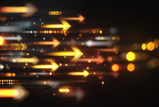 Abstract motion blur image with glowing orange and white arrows streaking across a dark background, interspersed with bokeh lights