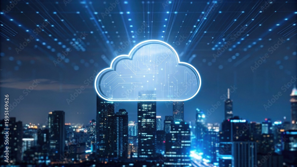Poster a glowing digital cloud icon hovering over a cityscape at night, symbolizing cloud computing and dat