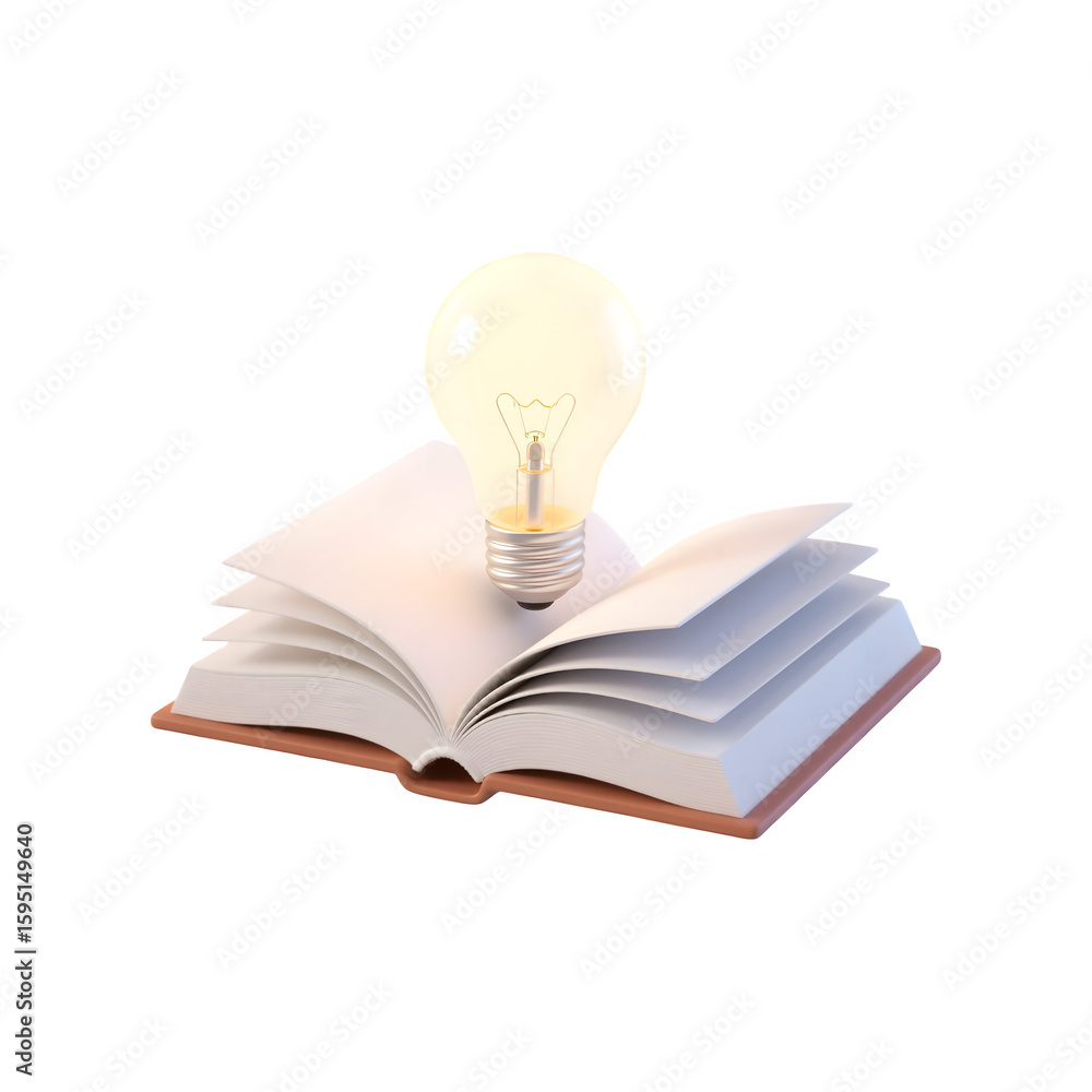 Poster 3d rendered illuminated light bulb resting on an open book isolated on transparent background