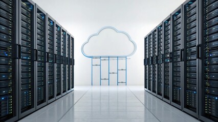 A modern data center with server racks on both sides and a glowing cloud icon symbolizing cloud computing in the center.