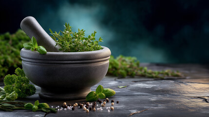 Mixing Fresh Herbs with Mortar and Pestle for Culinary Delights