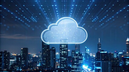 A glowing digital cloud icon hovering over a cityscape at night, symbolizing cloud computing and data connectivity in an urban environment.