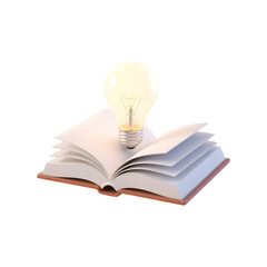 3d rendered Illuminated light bulb resting on an open book isolated on transparent background