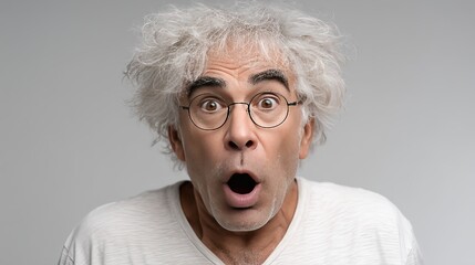 Elderly man with wild hair expresses shock and surprise at unexpected news