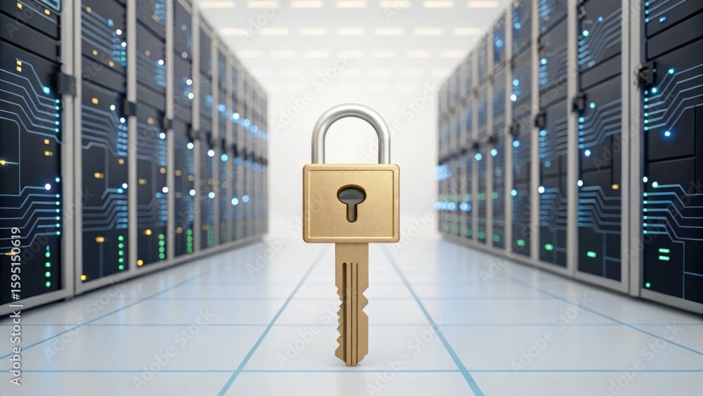 Poster a golden padlock with a key symbolizes cybersecurity, standing prominently in a data center aisle fi