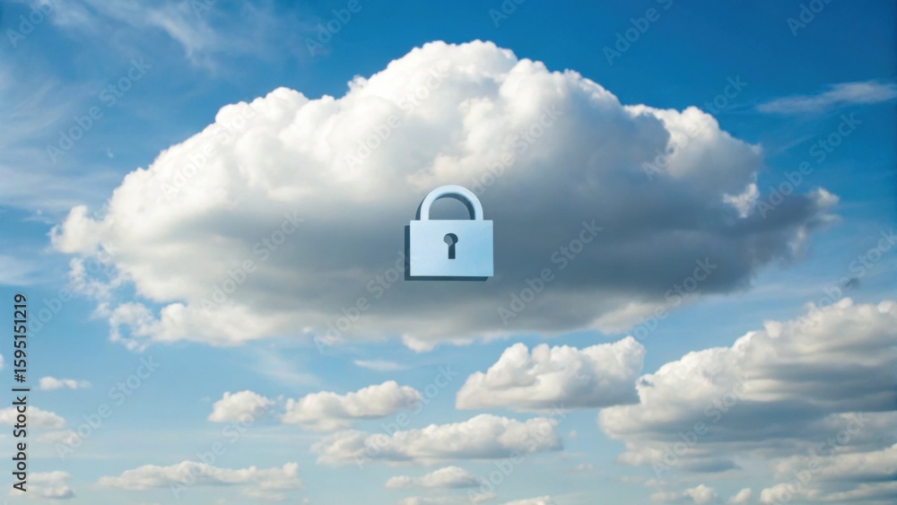 Poster a large white cloud floats in a blue sky with smaller clouds scattered, featuring a digital lock ico