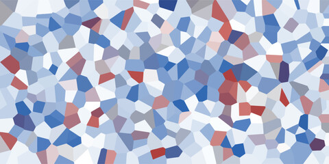 Abstract mosaic pattern featuring an artistic blend of cool color tones featuring different shades of blue and red arranged in a unique geometrical pattern