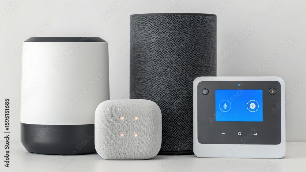 Aufkleber four smart home devices of various shapes and sizes displayed on a white surface with a plain backgr