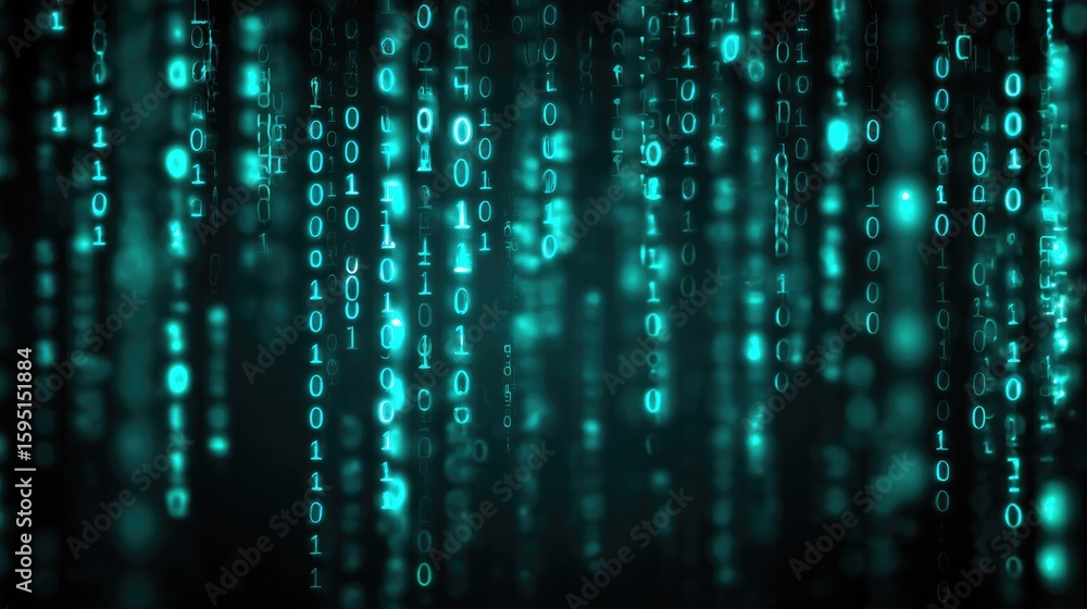 Fototapete abstract teal digital rain of binary code cascading down a dark background, glowing with bokeh effec