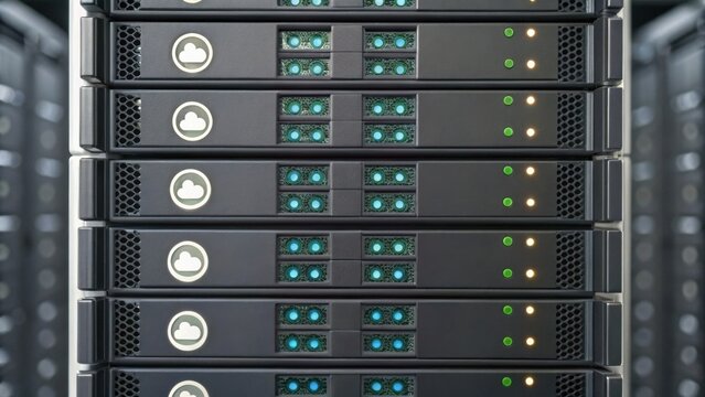A close-up view of multiple stacked server racks with illuminated status lights in a data center.