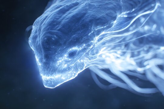 Alien head, glowing blue, ethereal
