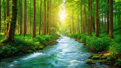 Obraz premium A serene forest scene with sunlight filtering through tall trees and a clear river flowing gently over mossy rocks.