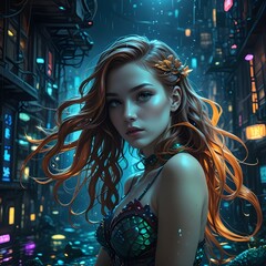 Cyberpunk Mermaid Warrior in Neon City Rain – Futuristic Fantasy AI Portrait