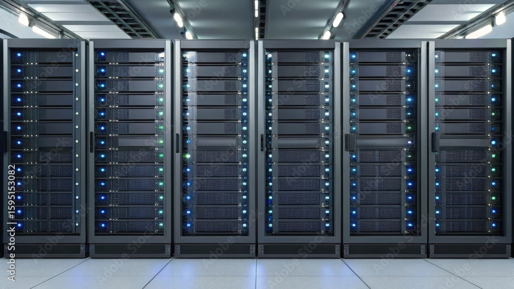 Poster a row of server racks with multiple servers, featuring blue indicator lights, housed in a modern dat