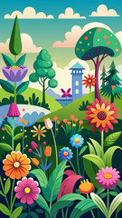 Fototapeta premium Vector art of a delightful spring landscape showcases a blooming garden with diverse flowers, trees, and a path leading to a charming building