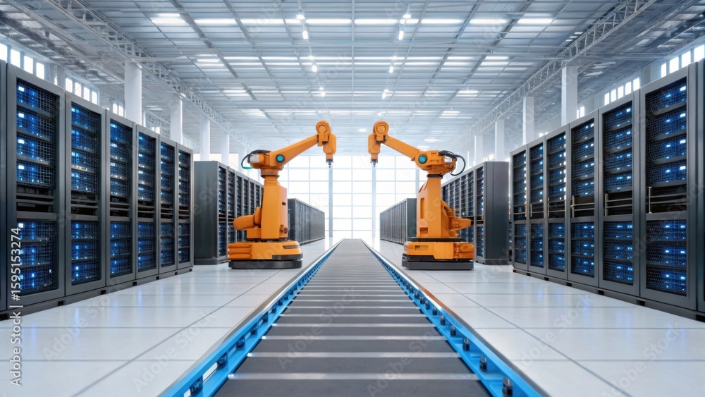 Poster a modern data center with rows of server racks and two orange robotic arms positioned along a convey