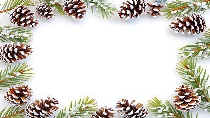 Obraz premium Winter Pinecone Border Frame with Snowy Evergreen Branches