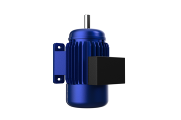 Detailed 3D Render of Bright Blue Industrial AC Electric Motor: High-Efficiency Three-Phase Asynchronous Machinery for Factory Automation and Power Systems, Isolated PNG Transparent HD Background.