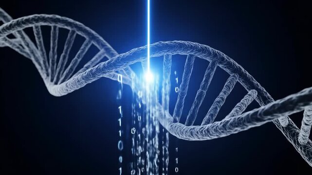 Abstract Blue Laser Scanning DNA Strand Emitting Binary Code