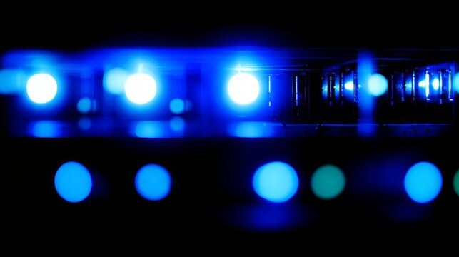 Close-up of glowing blue server rack lights creating an abstract technological pattern on a dark background. 