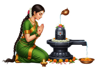 Traditional Worship of Shiva Linga by Devotee with a Green Saree and Flowers