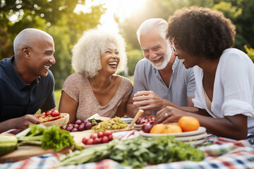 Diverse Group of Friends Including Older Adults Enjoying Picnic in Sunny Park Together