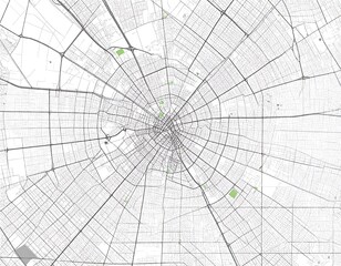 Obraz premium Aerial view of a citys radial street network showcasing a unique urban design with parks interspersed throughout the grid pattern creating a visually striking geometric composition