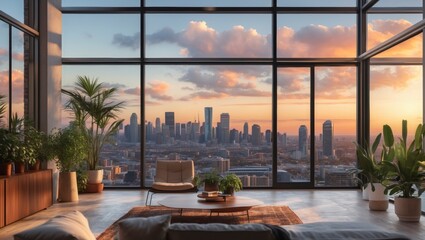 Fototapeta premium Stylish modern loft apartment features large glass walls with stunning cityscape view and high fidelity interior decor and plants at sunset hour.