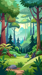 Naklejka premium Vector art of a serene cartoon forest path leading towards a sunlit clearing with majestic trees and a gentle stream