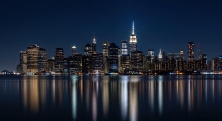Obraz premium New York City Skyline at Night Reflecting in Water