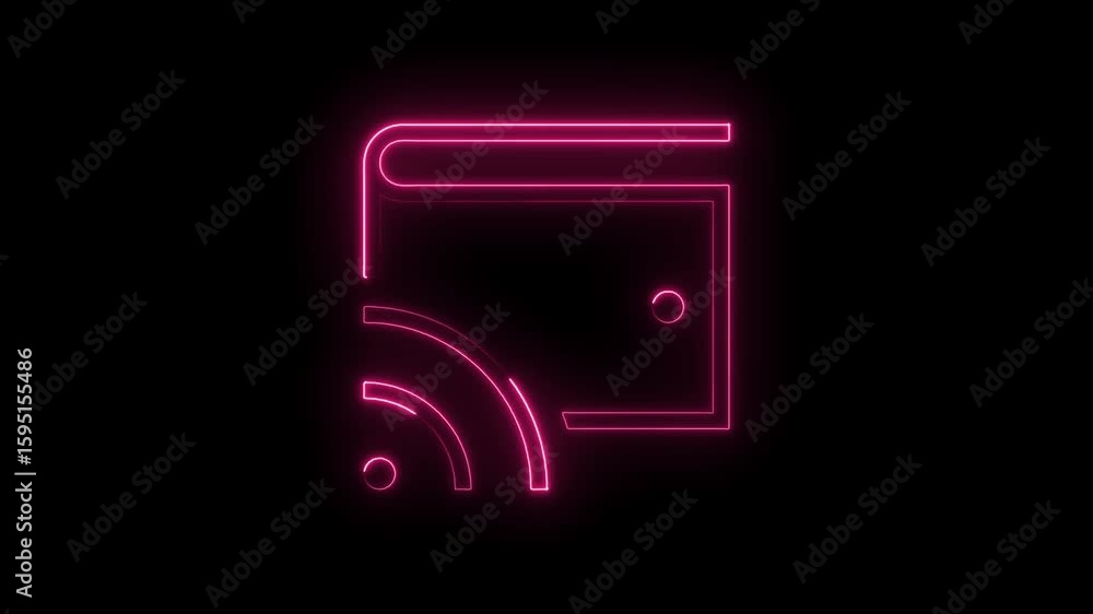 Poster glowing neon book icon with wifi signal symbol and circular loading animation on transparent black