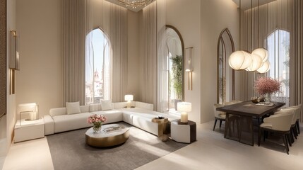 Spacious, light-filled living area with dining space.