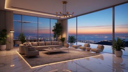 Obraz premium Luxury open plan living room boasts panoramic views, marble floors and elegant furnishings at dusk, reflecting high fidelity architectural design.