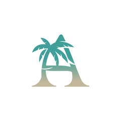 A logo design featuring the letter "A" intricately interwoven with a stylized palm tree silhouette.