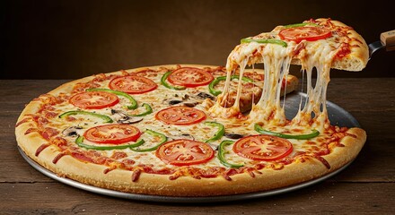 Delicious pizza with melting cheese pull and fresh toppings on a metal tray