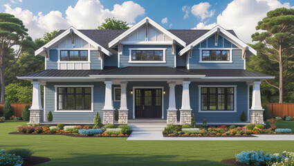 Obraz premium New suburban residential estate with luxury brick architecture, a lush garden, and a clear sky