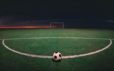 Soccer ball on green field with goal at dusk football soccer field