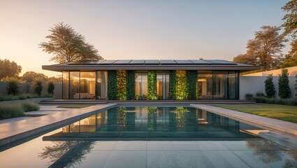 Contemporary sustainable villa reflects in tranquil pool, showcasing luxury design and high fidelity details at sunset, serene backyard setting.