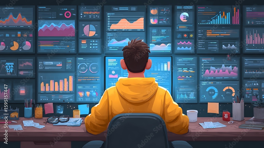 Poster young person in yellow hoodie immersed in data analysis on multiple glowing computer monitors