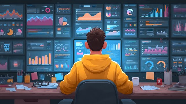 Young person in yellow hoodie immersed in data analysis on multiple glowing computer monitors