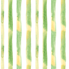 Green and yellow background. Seamless watercolor pattern with vertical hand drawn stripe with stains, blot, line for wallpapers, textile, bed linen prints, fabric texture